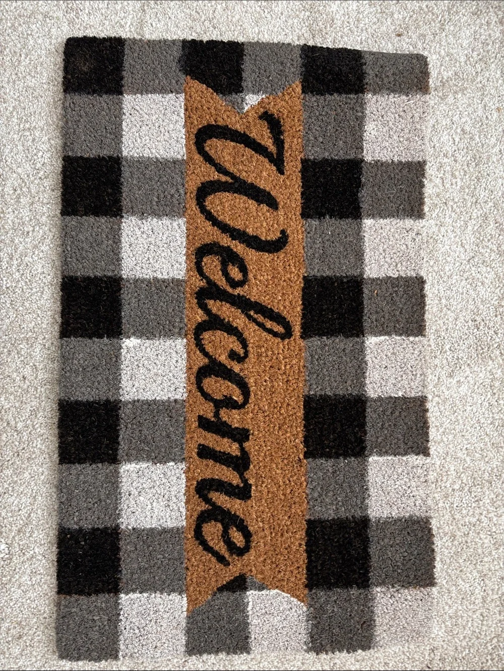 Welcome Buffalo Check Coir Door Mat in Brown and Black